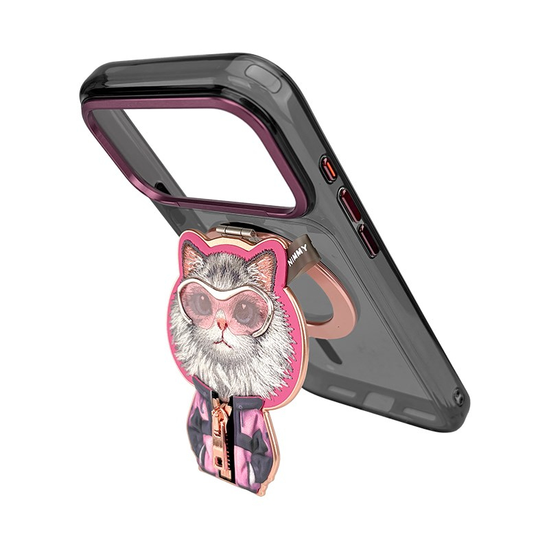 NIMMY 18 Pro Max Uyumlu Kılıf MagSafe Özellikli Nakışlı Kedi Standlı Fermuar Detaylı Nimmy Telefon Kılıfı