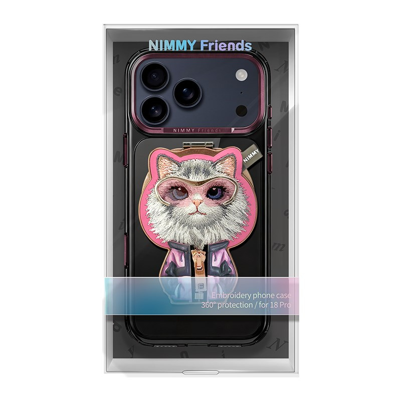 NIMMY 18 Pro Max Uyumlu Kılıf MagSafe Özellikli Nakışlı Kedi Standlı Fermuar Detaylı Nimmy Telefon Kılıfı
