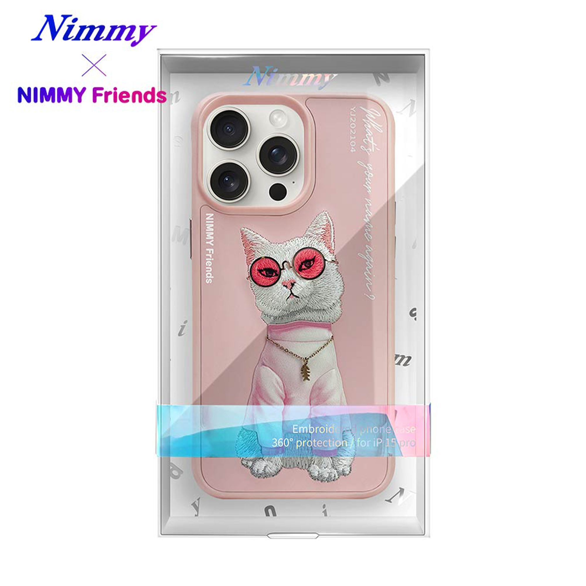 NIMMY iPhone 13 Pro 3D Gerçek Nakış İşleme Kabartmalı Kedi Zincir Gözlük Detaylı Cool Glasses Kılıf