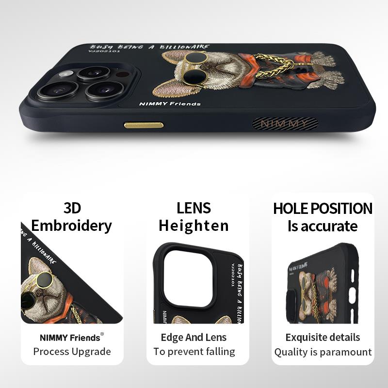 NIMMY iPhone 13 Pro Max 3D Gerçek Nakış İşleme Kabartmalı Köpek Zincir Gözlük Detaylı Cool Glasses Kılıf