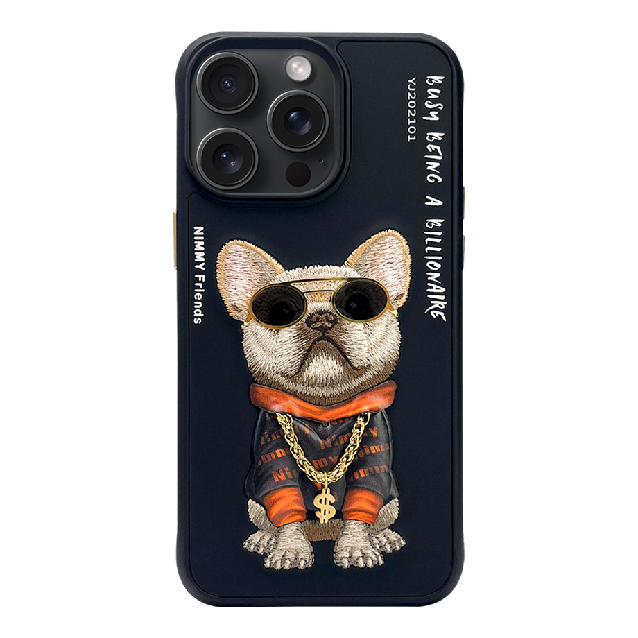 NIMMY iPhone 14 Max Pro 3D Gerçek Nakış İşleme Kabartmalı Köpek Zincir Gözlük Detaylı Cool Glasses Kılıf