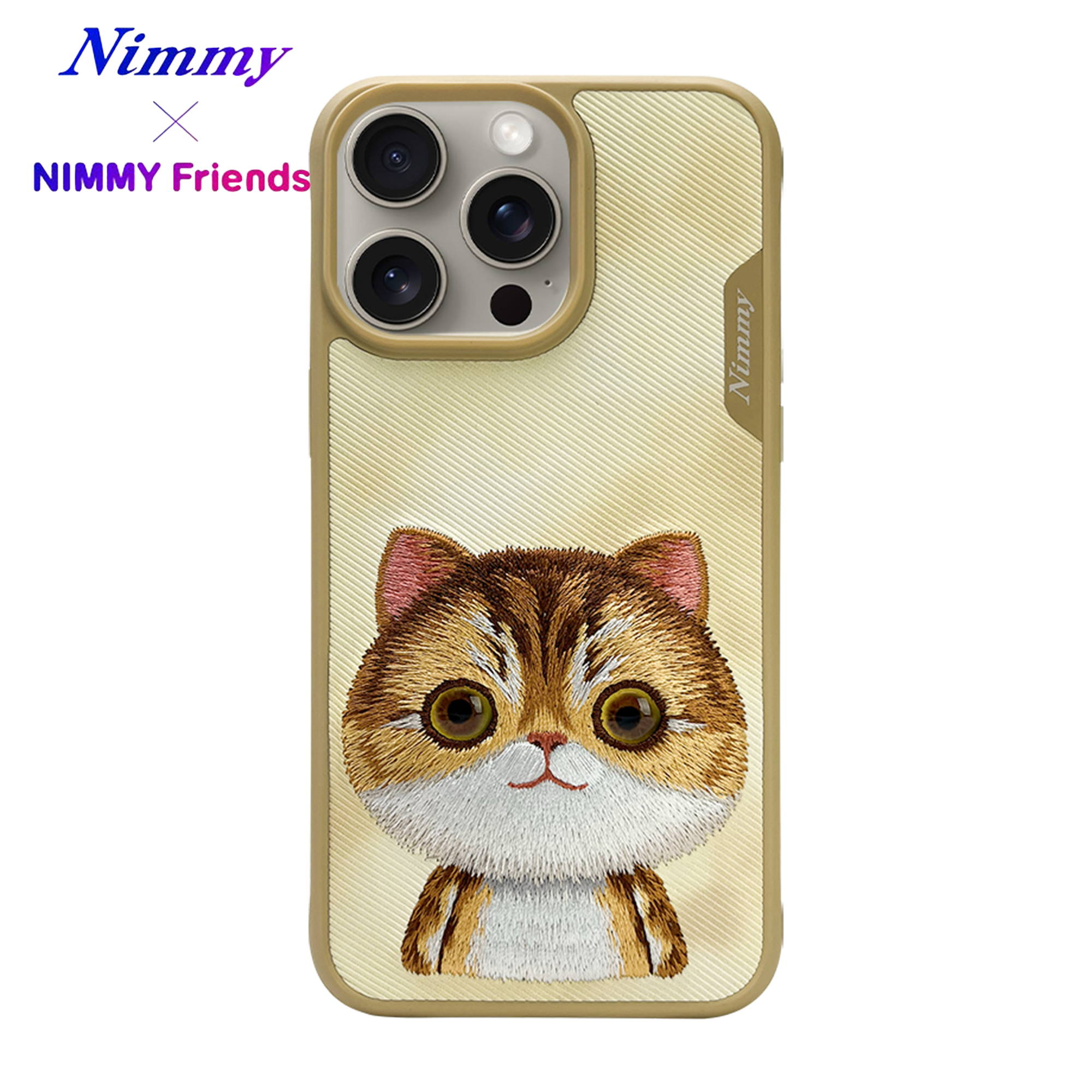 NIMMY iPhone 14 Pro Kumaş Üstüne Gerçek Nakış İşlemeli Göz Kedi Detaylı 3D Big Eyes Golden British Shorthair Kılıf