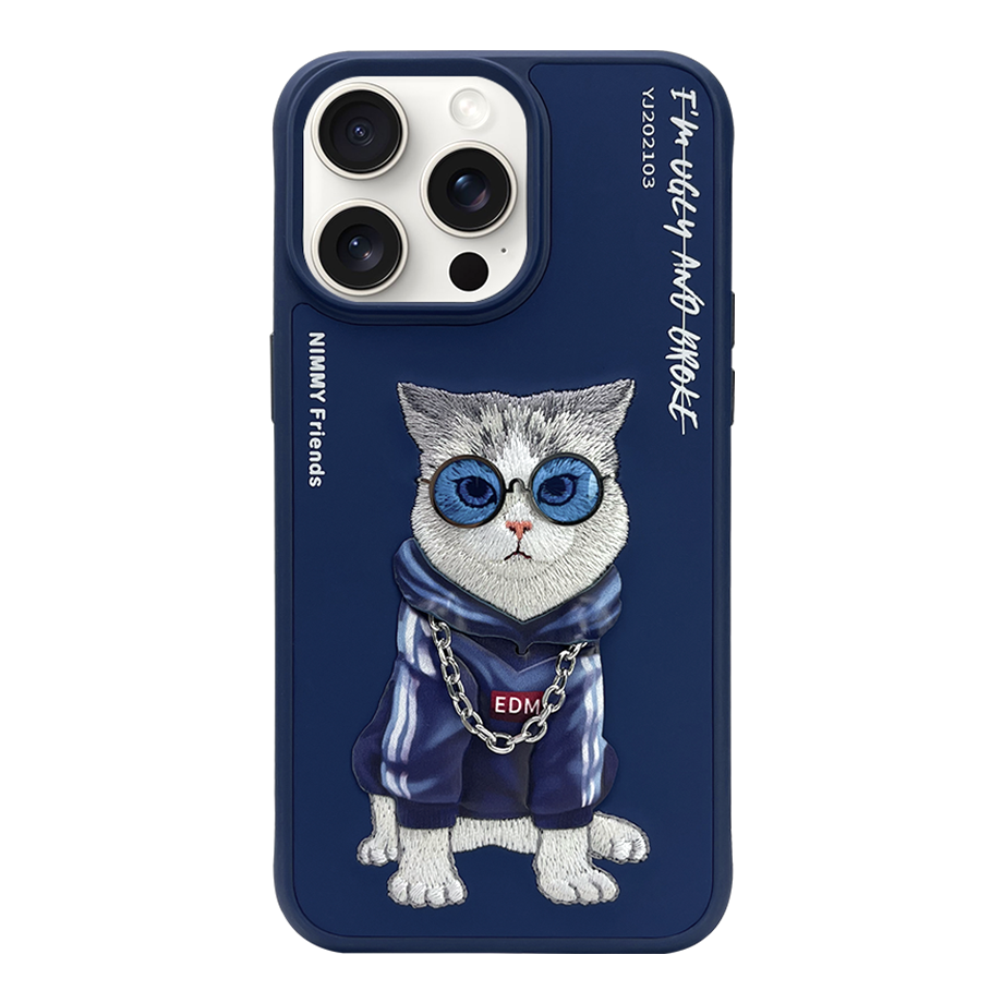 NIMMY iPhone 14 Pro Max 3D Gerçek Nakış İşleme Kabartmalı Kedi Zincir Gözlük Detaylı Cool Glasses Kılıf