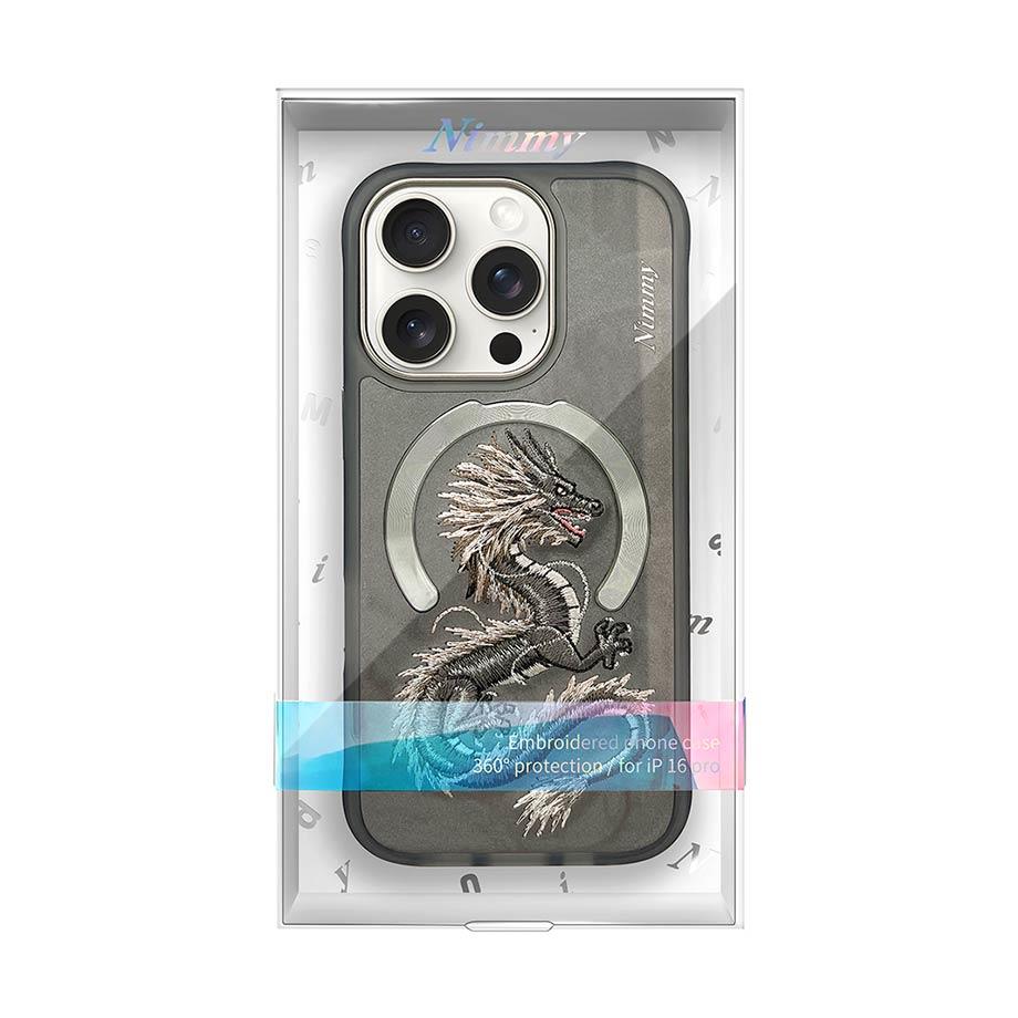 NIMMY iPhone 14 Pro Max 3D Gerçek Nakış işlemeli MagSafe Özellikli Fantasy Animal Golden Dragon Silikon Kılıf
