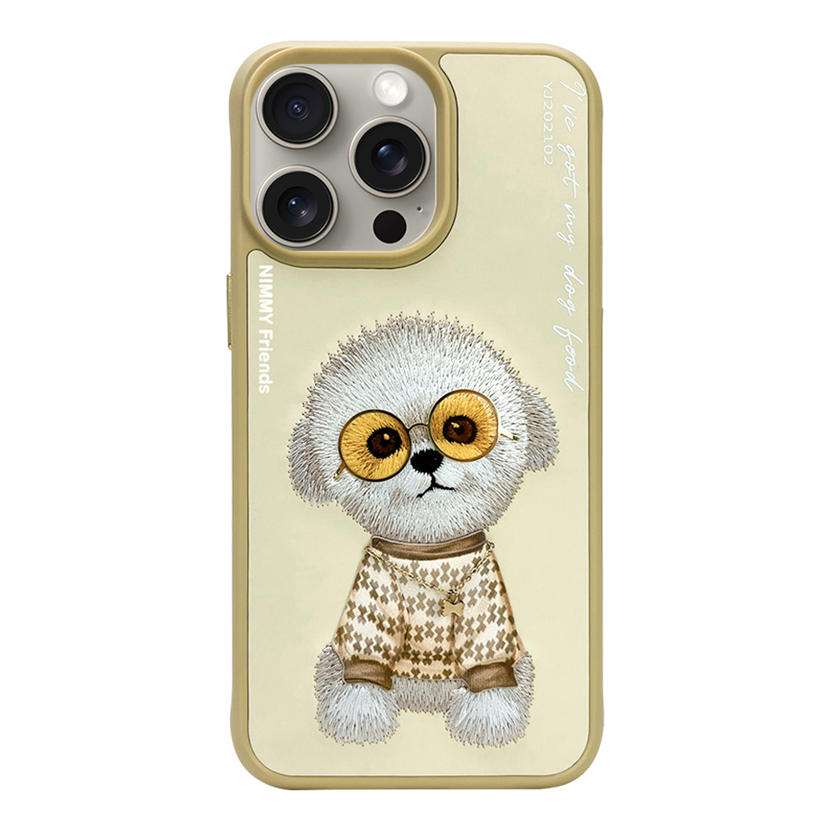 NIMMY iPhone 14 Pro Max 3D Gerçek Nakış İşleme Kabartmalı Köpek Zincir Gözlük Detaylı Cool Glasses Kılıf
