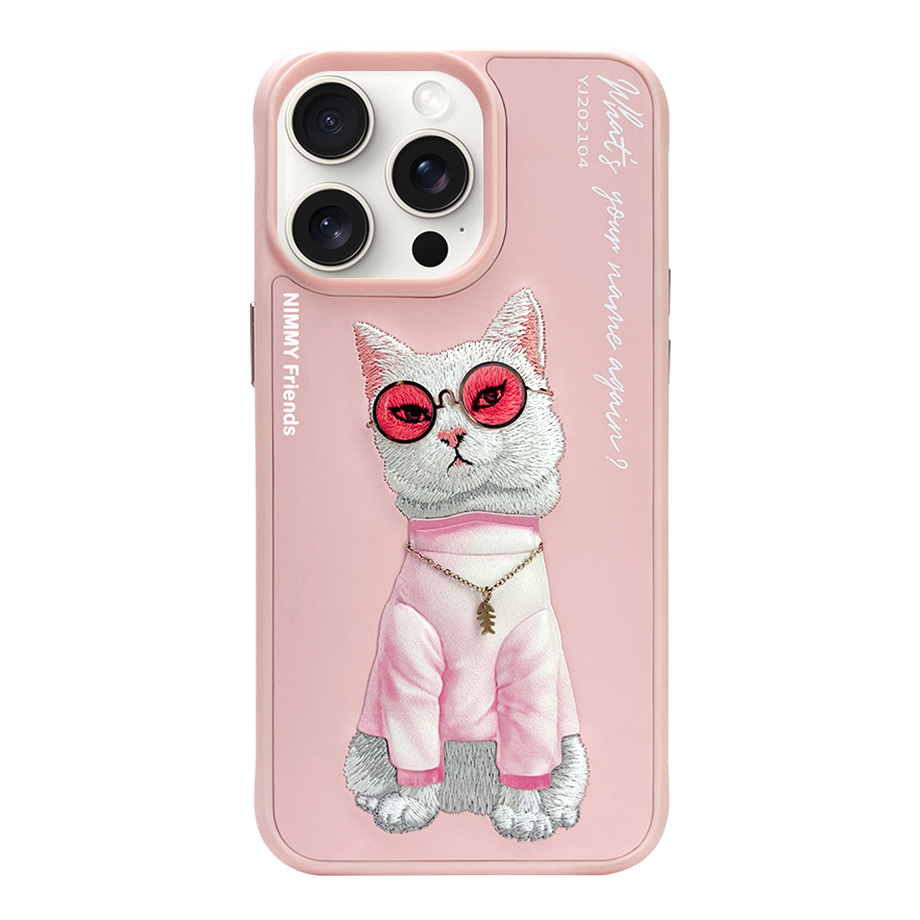 NIMMY iPhone 14 Pro Max 3D Gerçek Nakış İşleme Kabartmalı Kedi Zincir Gözlük Detaylı Cool Glasses Kılıf