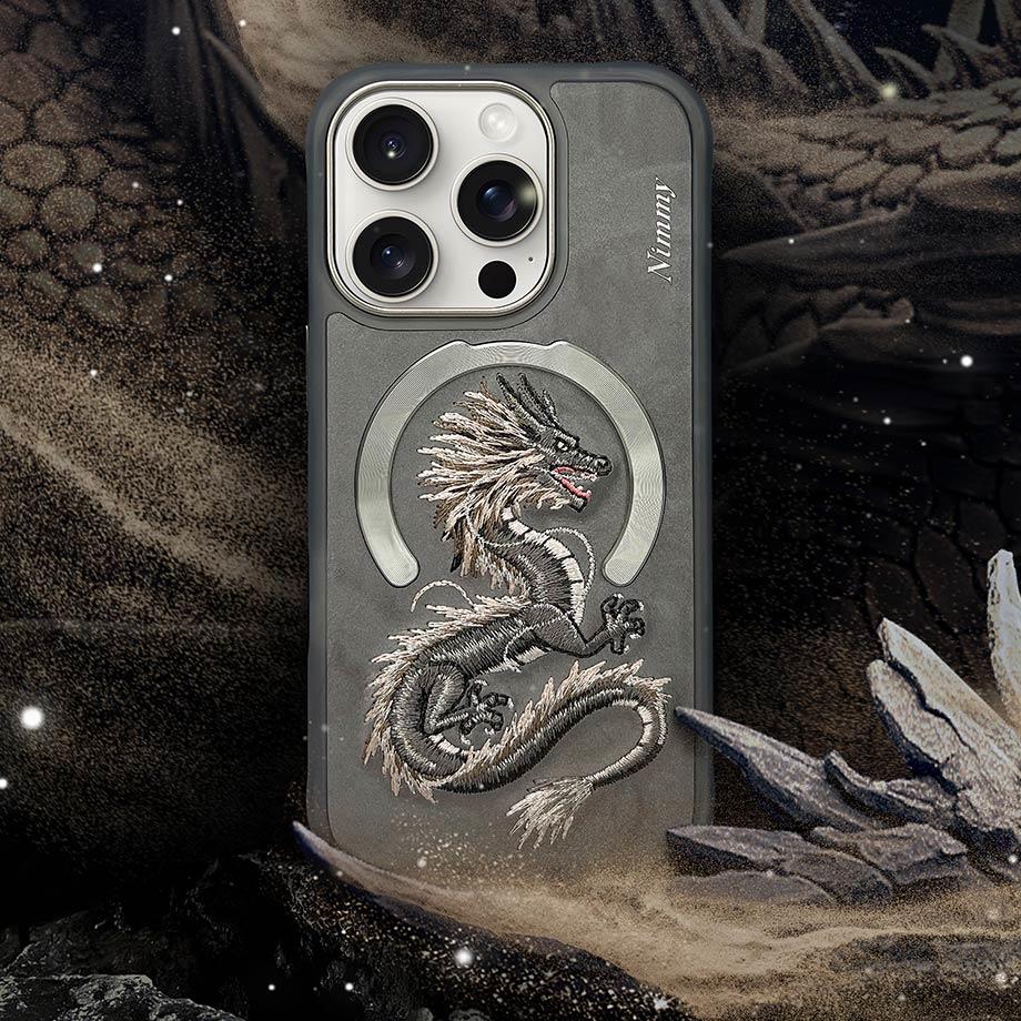 NIMMY iPhone 14 Pro Max 3D Gerçek Nakış işlemeli MagSafe Özellikli Fantasy Animal Golden Dragon Silikon Kılıf