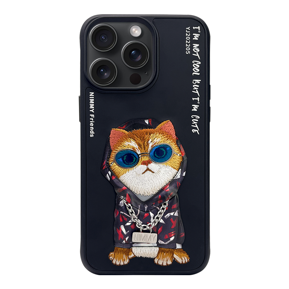 NIMMY iPhone 14 Pro Max 3D Gerçek Nakış İşleme Kabartmalı Kedi Zincir Gözlük Detaylı Cool Glasses Kılıf