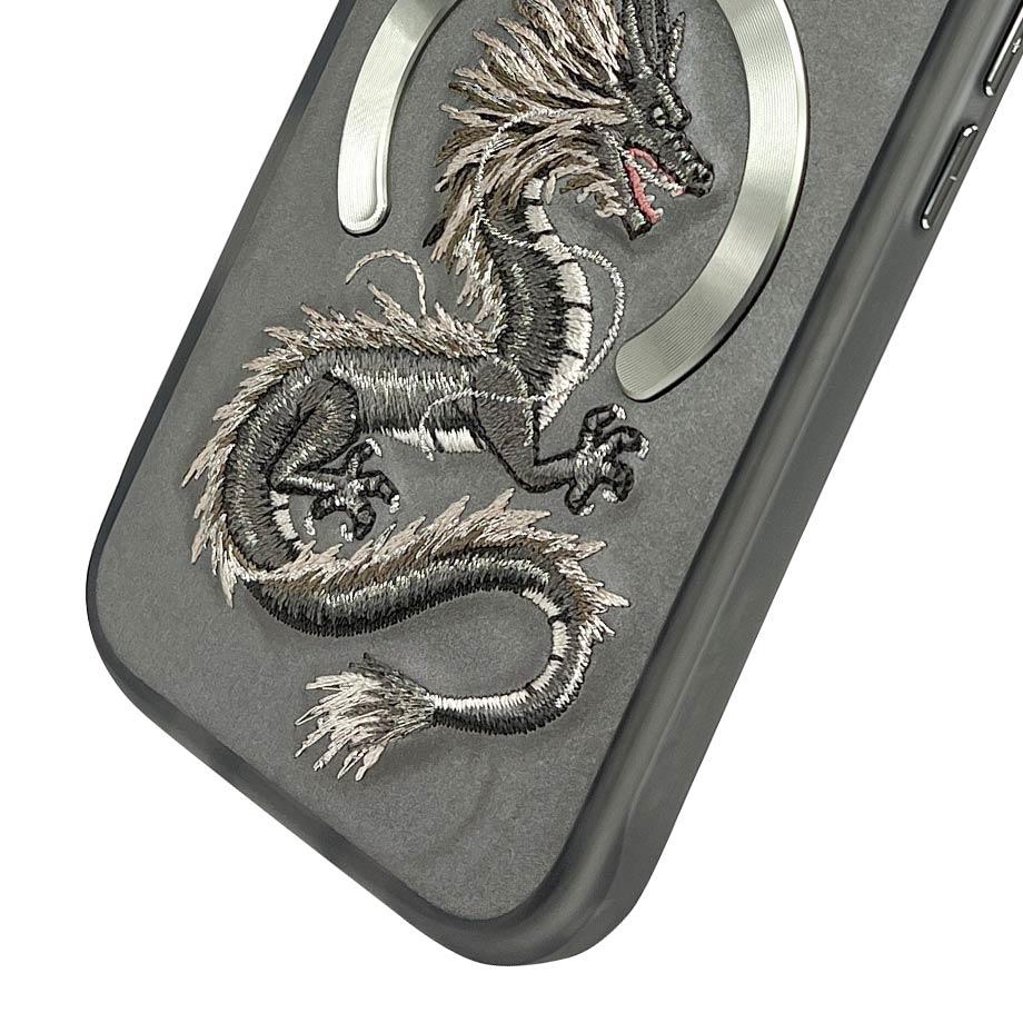 NIMMY iPhone 14 Pro Max 3D Gerçek Nakış işlemeli MagSafe Özellikli Fantasy Animal Golden Dragon Silikon Kılıf