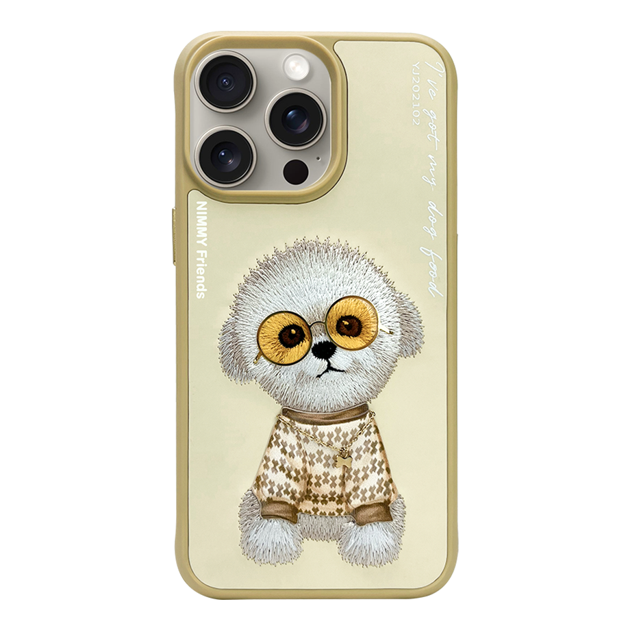 NIMMY iPhone 14 Pro Max 3D Gerçek Nakış İşleme Kabartmalı Köpek Zincir Gözlük Detaylı Cool Glasses Kılıf