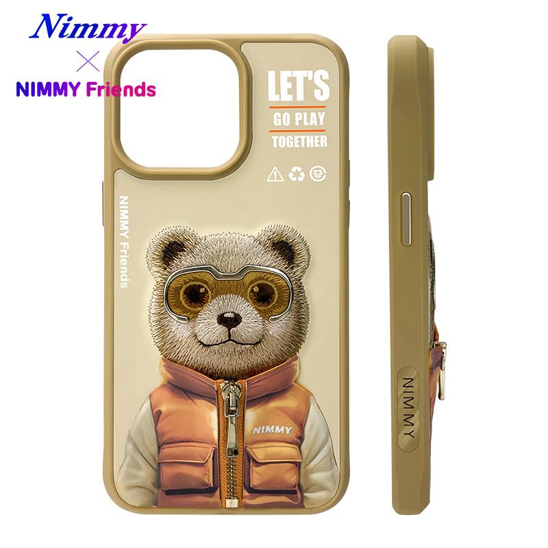 NIMMY iPhone 15 Pro 3D Gerçek Nakış İşlemeli Kabartmalı Gözlük Fermuar Mont Ayıcık Detaylı Cool Cute 2.0 Silikon Kılıf