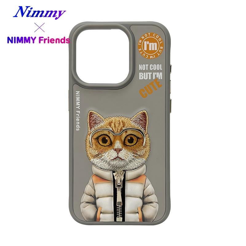 NIMMY iPhone 15 Pro 3D Gerçek Nakış İşlemeli Kabartmalı Gözlük Fermuar Mont Kedicik Detaylı Cool Cute 2.0 Silikon Kılıf