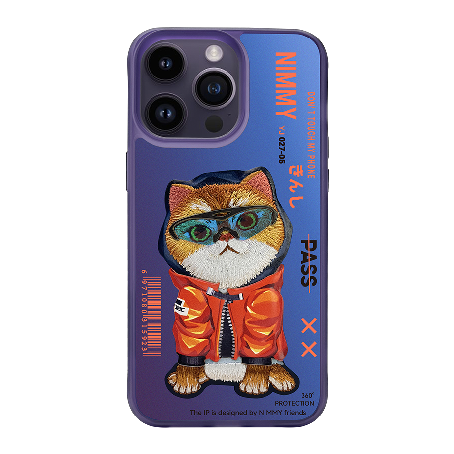 NIMMY iPhone 15 Pro 3D Gerçek Nakış işlemeli Gözlüklü Dazzle Series Pet Kedili Silikon Kılıf