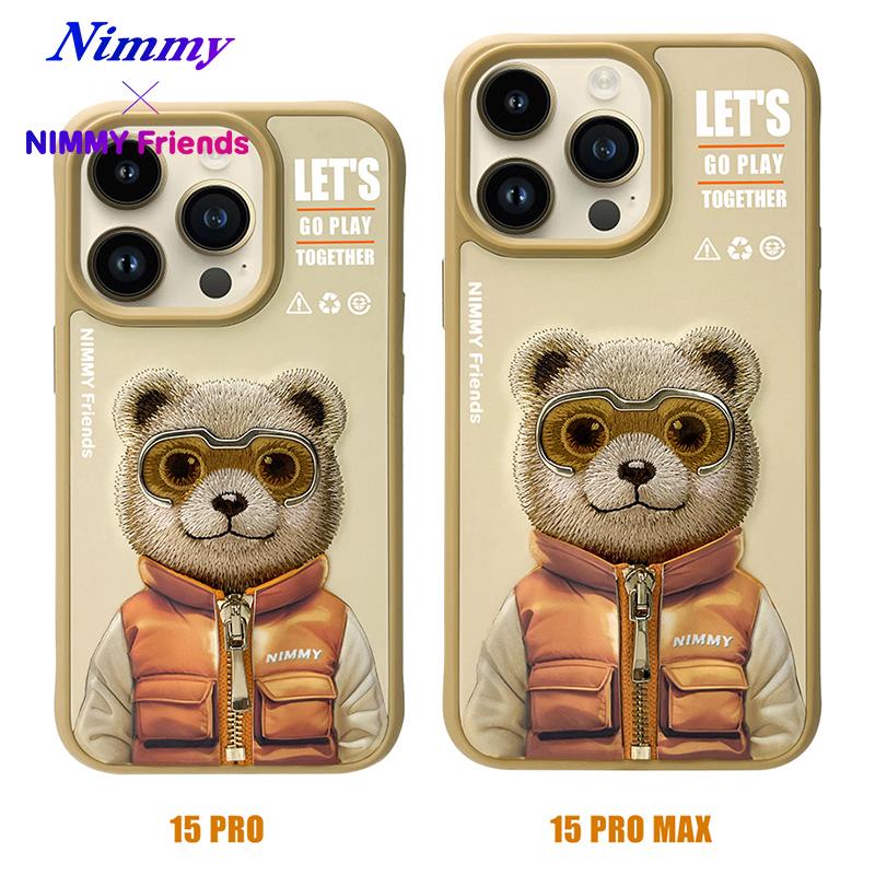 NIMMY iPhone 15 Pro 3D Gerçek Nakış İşlemeli Kabartmalı Gözlük Fermuar Mont Ayıcık Detaylı Cool Cute 2.0 Silikon Kılıf