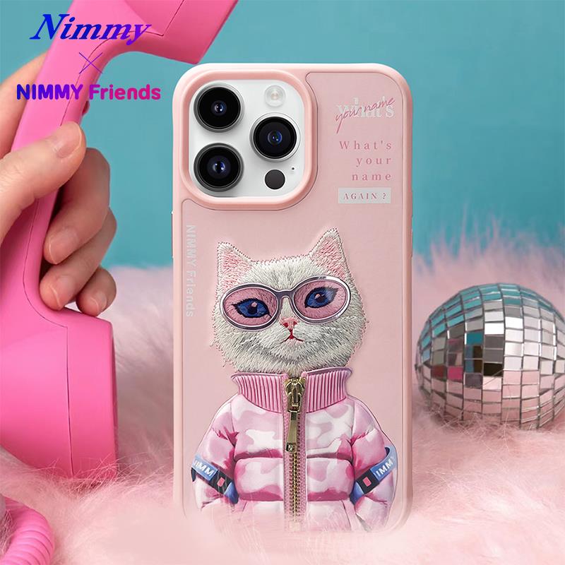 NIMMY iPhone 15 Pro 3D Gerçek Nakış İşlemeli Kabartmalı Gözlük Fermuar Mont Kedicik Detaylı Cool Cute 2.0 Silikon Kılıf