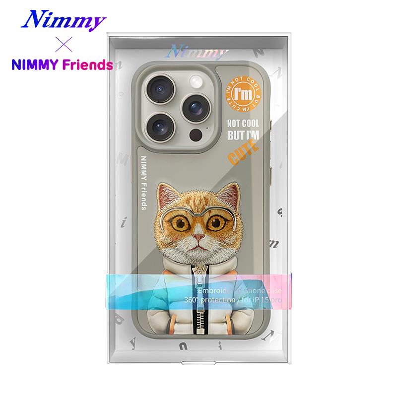 NIMMY iPhone 15 Pro 3D Gerçek Nakış İşlemeli Kabartmalı Gözlük Fermuar Mont Kedicik Detaylı Cool Cute 2.0 Silikon Kılıf