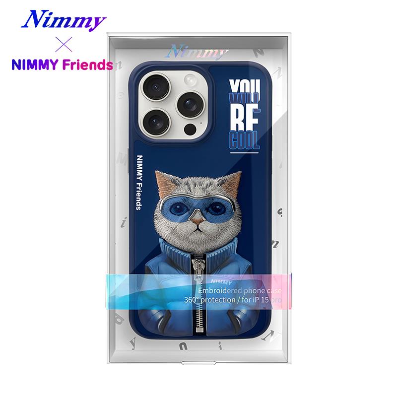 NIMMY iPhone 15 Pro 3D Gerçek Nakış İşlemeli Kabartmalı Gözlük Fermuar Mont Kedicik Detaylı Cool Cute 2.0 Silikon Kılıf
