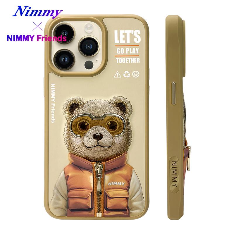 NIMMY iPhone 15 Pro 3D Gerçek Nakış İşlemeli Kabartmalı Gözlük Fermuar Mont Ayıcık Detaylı Cool Cute 2.0 Silikon Kılıf