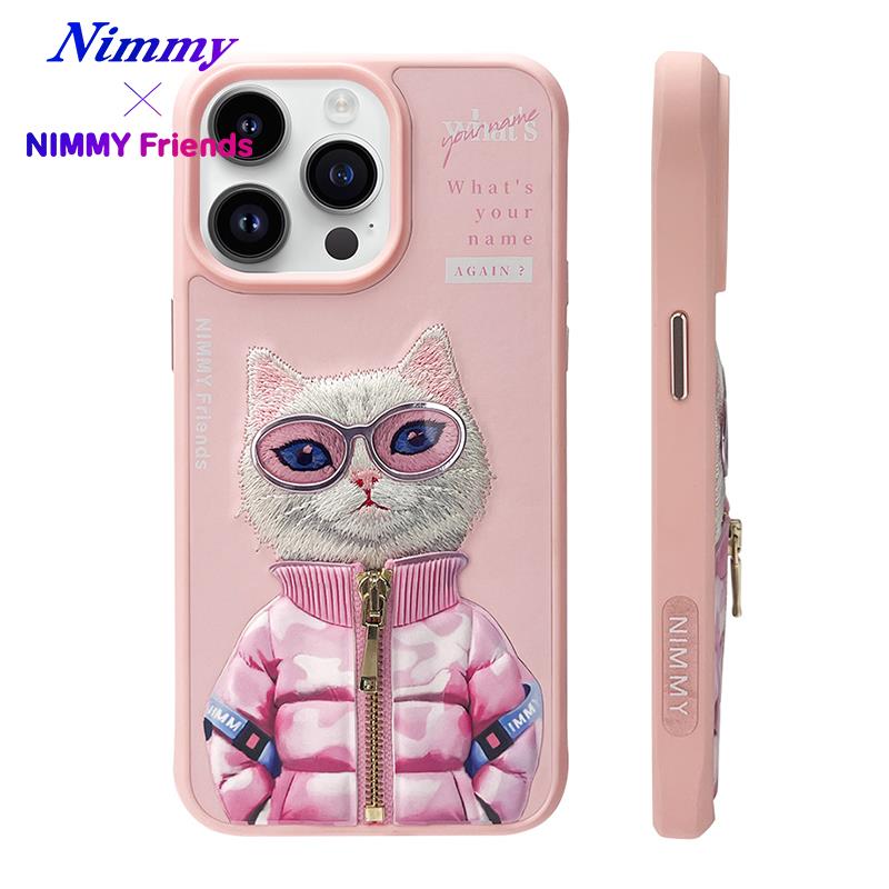 NIMMY iPhone 15 Pro 3D Gerçek Nakış İşlemeli Kabartmalı Gözlük Fermuar Mont Kedicik Detaylı Cool Cute 2.0 Silikon Kılıf