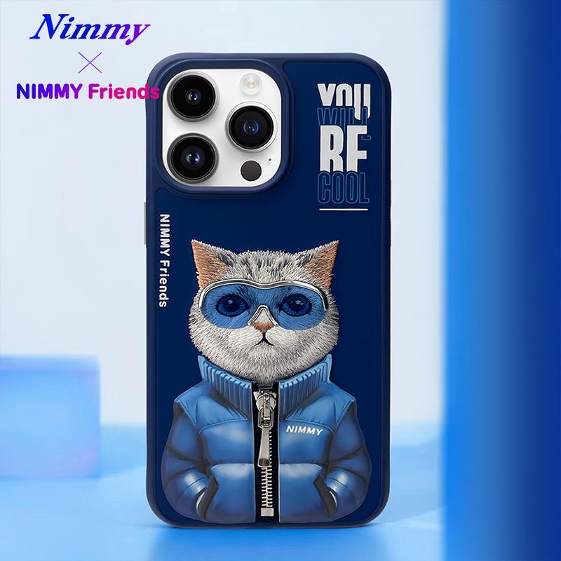 NIMMY iPhone 15 Pro 3D Gerçek Nakış İşlemeli Kabartmalı Gözlük Fermuar Mont Kedicik Detaylı Cool Cute 2.0 Silikon Kılıf