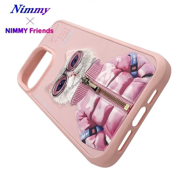 NIMMY iPhone 15 Pro 3D Gerçek Nakış İşlemeli Kabartmalı Gözlük Fermuar Mont Kedicik Detaylı Cool Cute 2.0 Silikon Kılıf