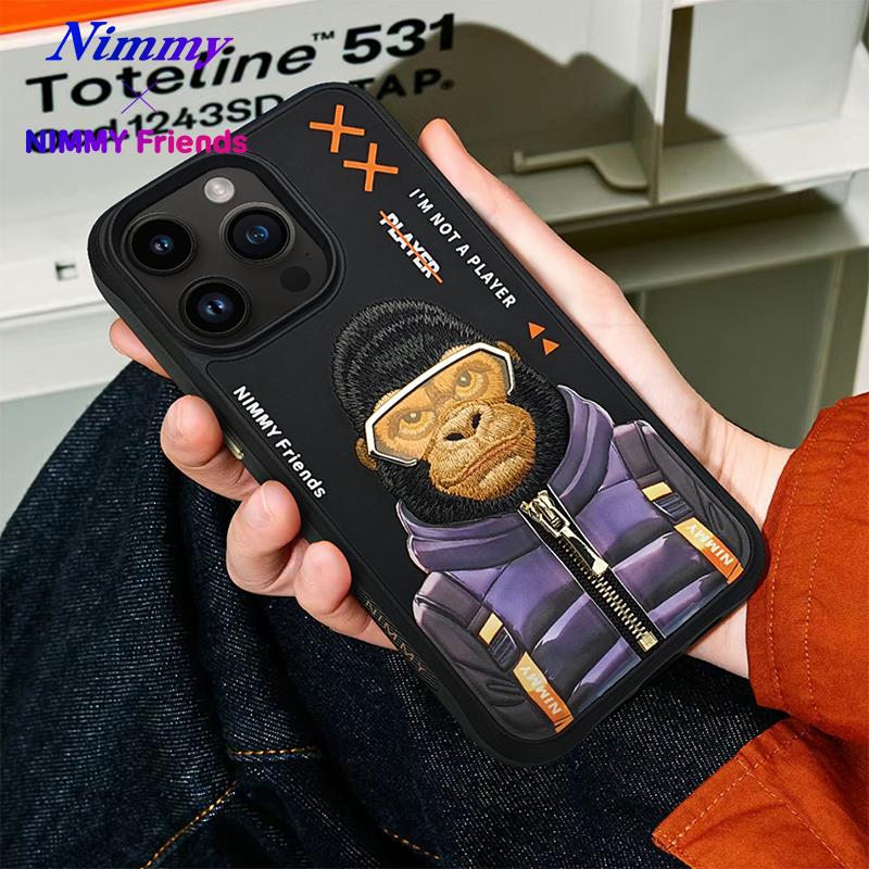 NIMMY iPhone 15 Pro 3D Gerçek Nakış İşlemeli Kabartmalı Gözlük Fermuar Mont Gorilla Detaylı Cool Cute 2.0 Silikon Kılıf