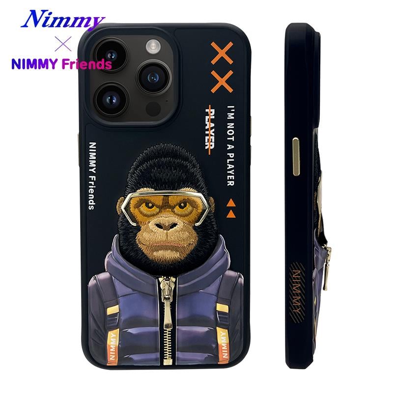 NIMMY iPhone 15 Pro 3D Gerçek Nakış İşlemeli Kabartmalı Gözlük Fermuar Mont Gorilla Detaylı Cool Cute 2.0 Silikon Kılıf