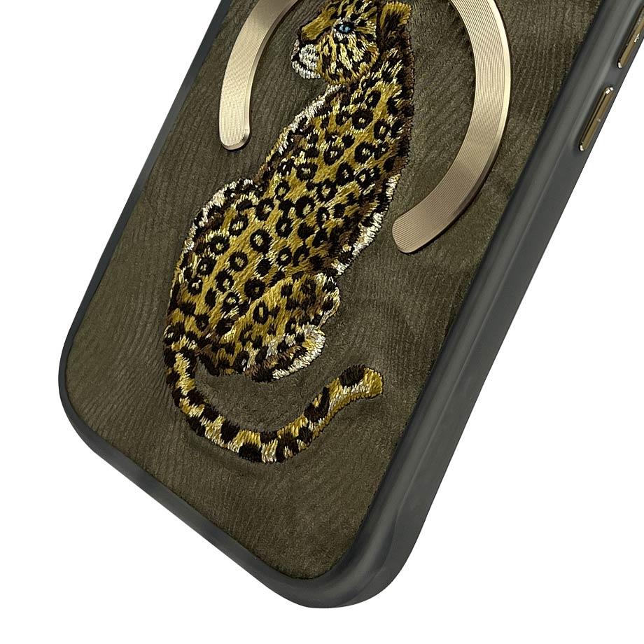 NIMMY iPhone 15 Pro 3D Gerçek Nakış işlemeli MagSafe Özellikli Fantasy Animal Leopar Silikon Kılıf
