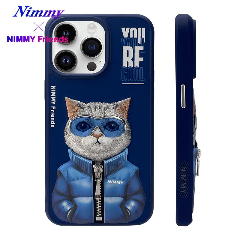 NIMMY iPhone 15 Pro 3D Gerçek Nakış İşlemeli Kabartmalı Gözlük Fermuar Mont Kedicik Detaylı Cool Cute 2.0 Silikon Kılıf