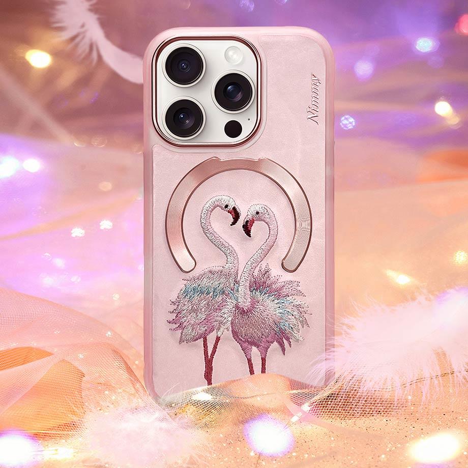NIMMY iPhone 15 Pro Max 3D Gerçek Nakış işlemeli MagSafe Özellikli Fantasy Animal Flamingo Silikon Kılıf