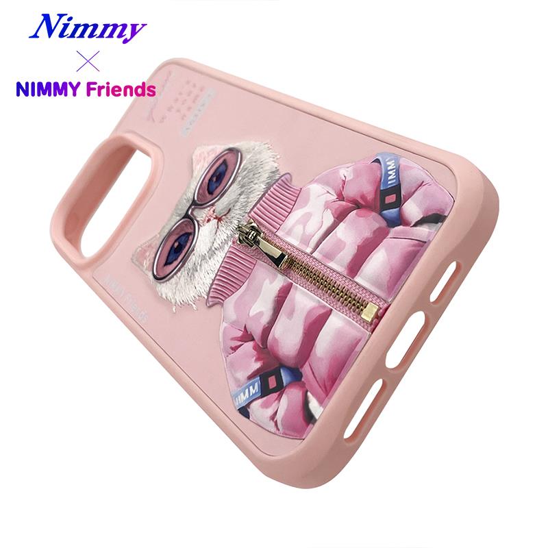 NIMMY iPhone 15 Pro Max 3D Gerçek Nakış İşlemeli Kabartmalı Gözlük Fermuar Mont Kedicik Detaylı Cool Cute 2.0 Silikon Kılıf