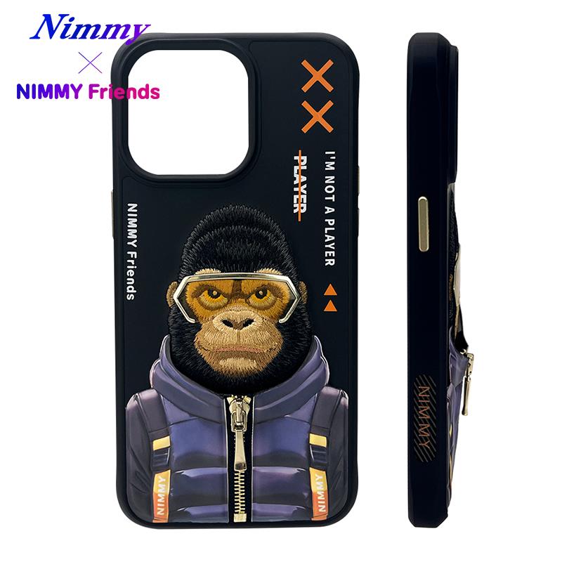 NIMMY iPhone 15 Pro Max 3D Gerçek Nakış İşlemeli Kabartmalı Gözlük Fermuar Mont Gorilla Detaylı Cool Cute 2.0 Silikon Kılıf