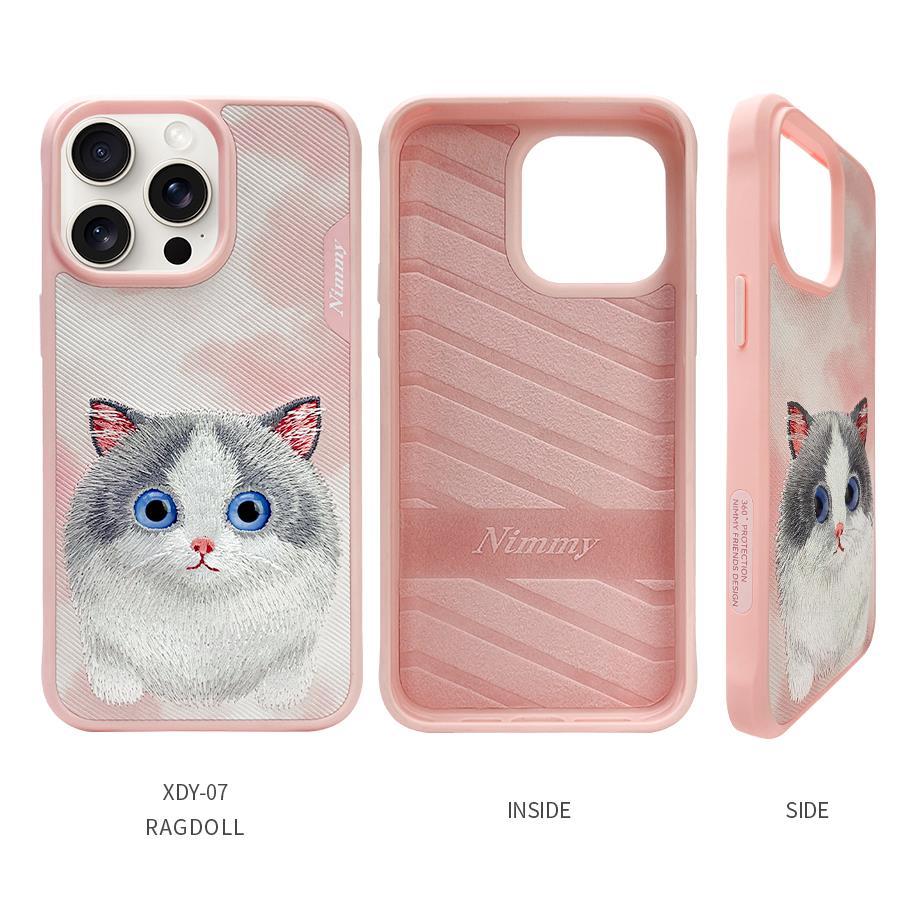NIMMY iPhone 15 Pro Max 3D Gerçek Nakış İşlemeli Kedi Kabartmalı Göz Detaylı Big Eyes Silikon Kılıf