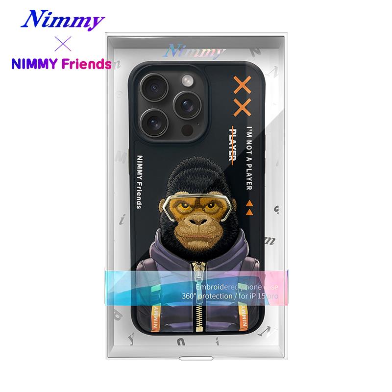 NIMMY iPhone 15 Pro Max 3D Gerçek Nakış İşlemeli Kabartmalı Gözlük Fermuar Mont Gorilla Detaylı Cool Cute 2.0 Silikon Kılıf