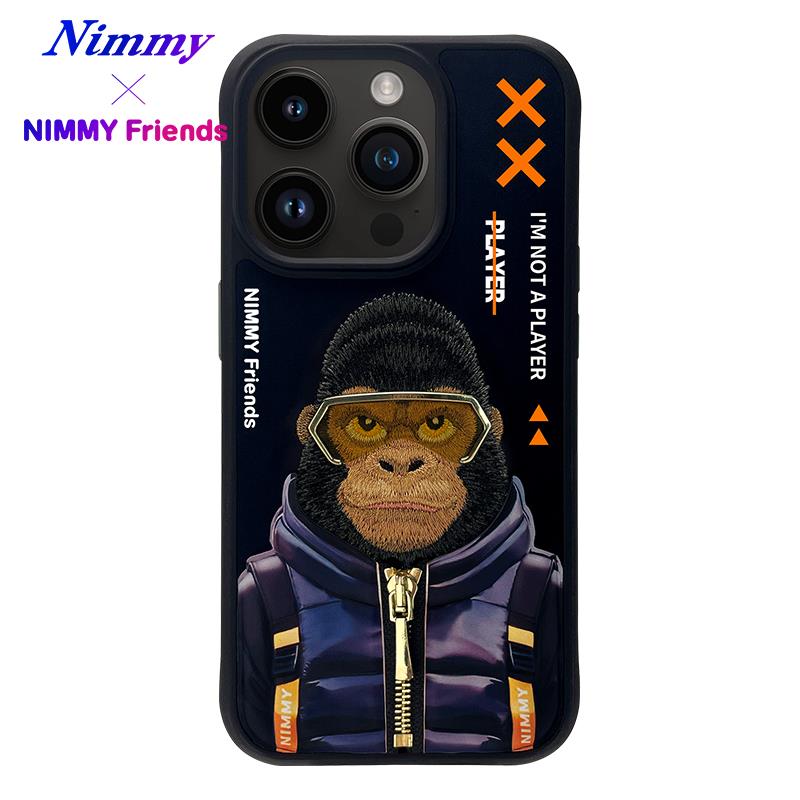NIMMY iPhone 15 Pro Max 3D Gerçek Nakış İşlemeli Kabartmalı Gözlük Fermuar Mont Gorilla Detaylı Cool Cute 2.0 Silikon Kılıf