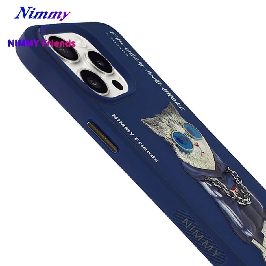 NIMMY iPhone 15 Pro Max 3D Gerçek Nakış İşleme Kabartmalı Beyaz Kedi Zincir Gözlük Detaylı Cool Glasses Silikon Kılıf