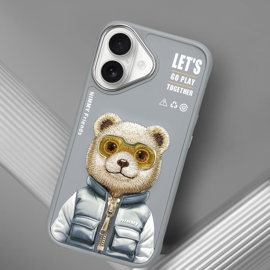 NIMMY iPhone 16 3D Gerçek Nakış İşlemeli Kabartmalı Gözlük Fermuar Mont Ayıcık Detaylı Cool Cute 2.0 Silikon Kılıf