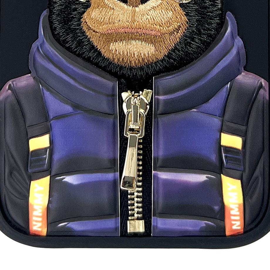 NIMMY iPhone 16 3D Gerçek Nakış İşlemeli Kabartmalı Gözlük Fermuar Mont Gorilla Detaylı Cool Cute 2.0 Silikon Kılıf