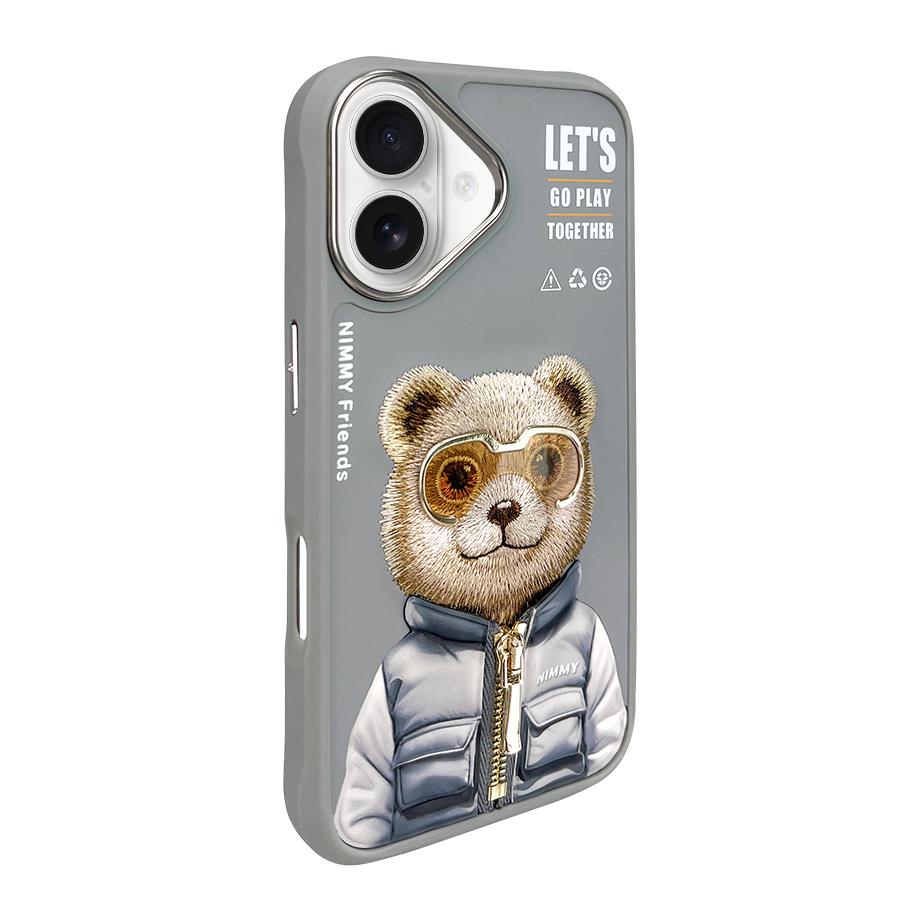 NIMMY iPhone 16 3D Gerçek Nakış İşlemeli Kabartmalı Gözlük Fermuar Mont Ayıcık Detaylı Cool Cute 2.0 Silikon Kılıf