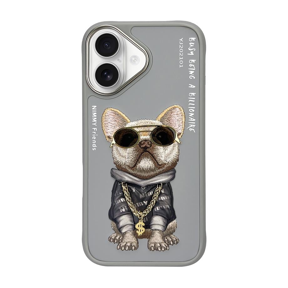 NIMMY iPhone 16 3D Gerçek Nakış İşleme Kabartmalı Köpek Zincir Gözlük Detaylı Cool Glasses Silikon Kılıf