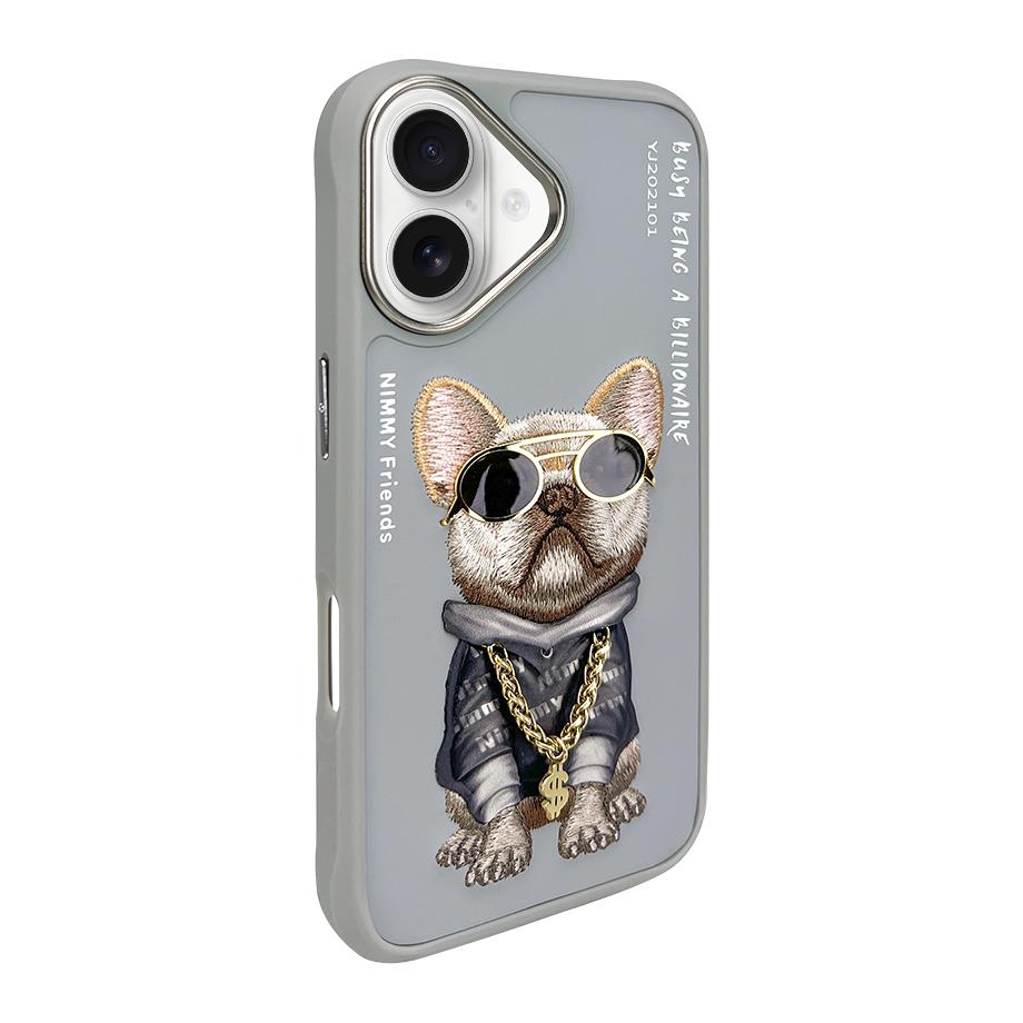 NIMMY iPhone 16 3D Gerçek Nakış İşleme Kabartmalı Köpek Zincir Gözlük Detaylı Cool Glasses Silikon Kılıf