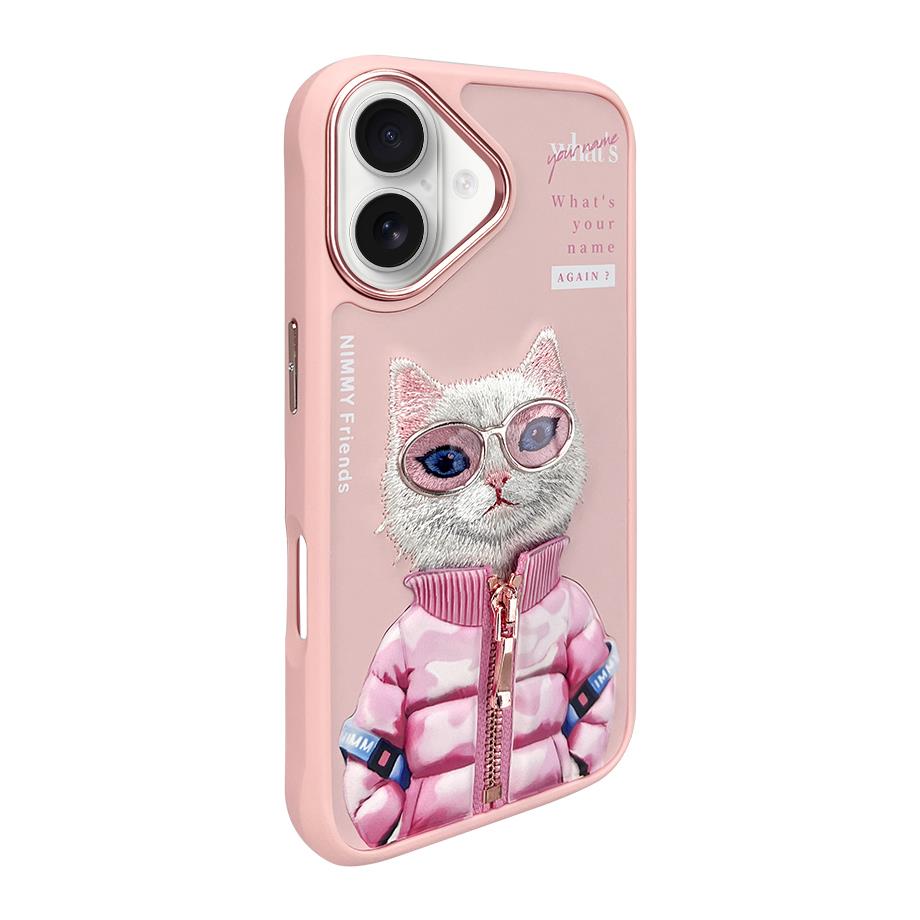 NIMMY iPhone 16 3D Gerçek Nakış İşlemeli Kabartmalı Gözlük Fermuar Mont Kedicik Detaylı Cool Cute 2.0 Silikon Kılıf