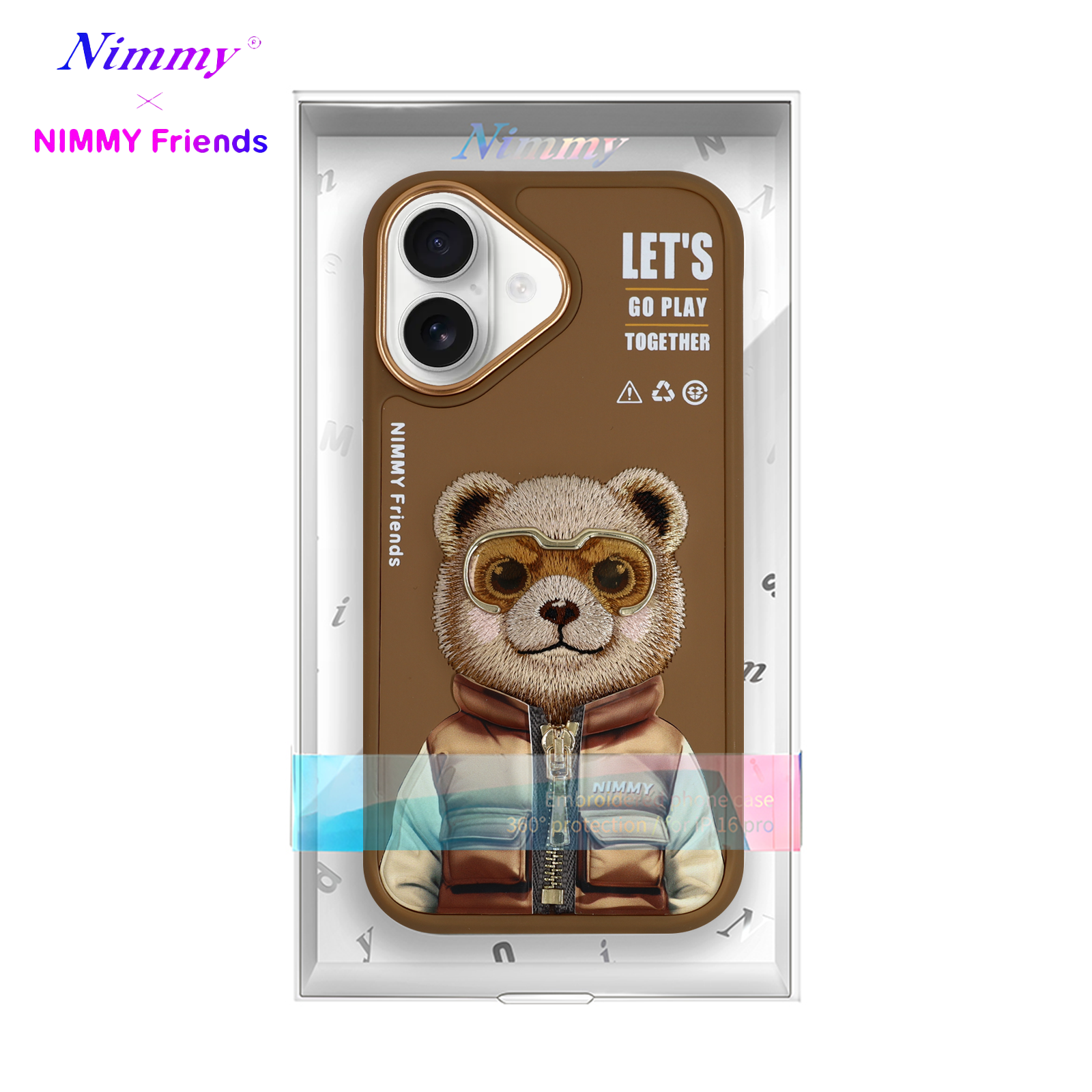 NIMMY iPhone 16 3D Gerçek Nakış İşlemeli Kabartmalı Gözlük Fermuar Mont Ayıcık Detaylı Cool Cute 2.0 Silikon Kılıf