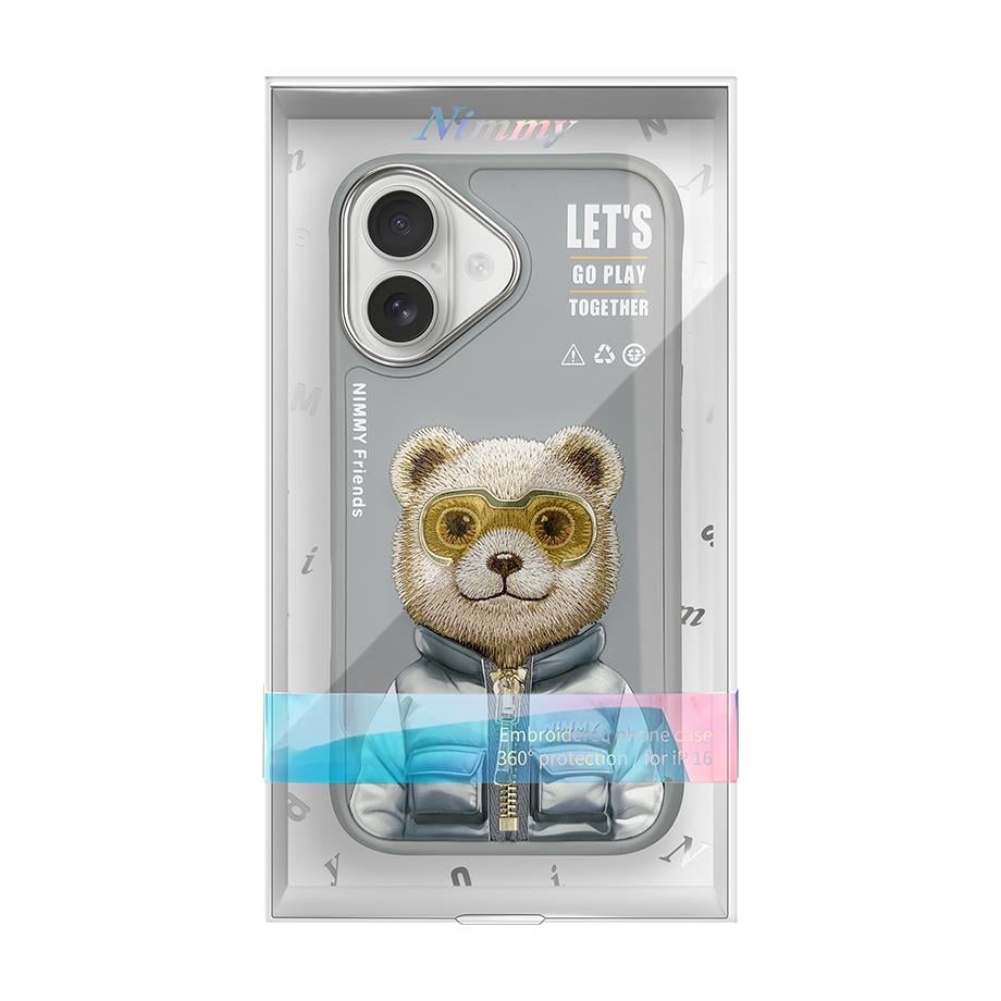 NIMMY iPhone 16 3D Gerçek Nakış İşlemeli Kabartmalı Gözlük Fermuar Mont Ayıcık Detaylı Cool Cute 2.0 Silikon Kılıf