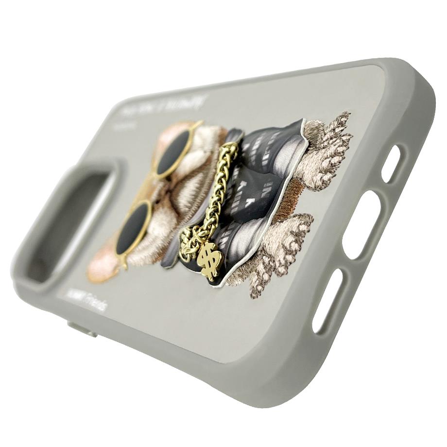 NIMMY iPhone 16 Pro 3D Gerçek Nakış İşleme Kabartmalı Köpek Zincir Gözlük Detaylı Cool Glasses Silikon Kılıf
