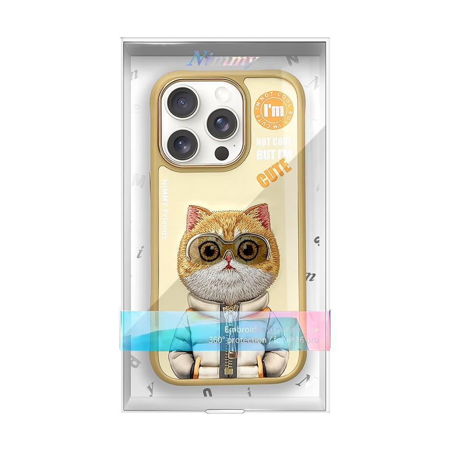 NIMMY iPhone 16 Pro 3D Gerçek Nakış İşlemeli Kabartmalı Gözlük Fermuar Mont Kedicik Detaylı Cool Cute 2.0 Silikon Kılıf