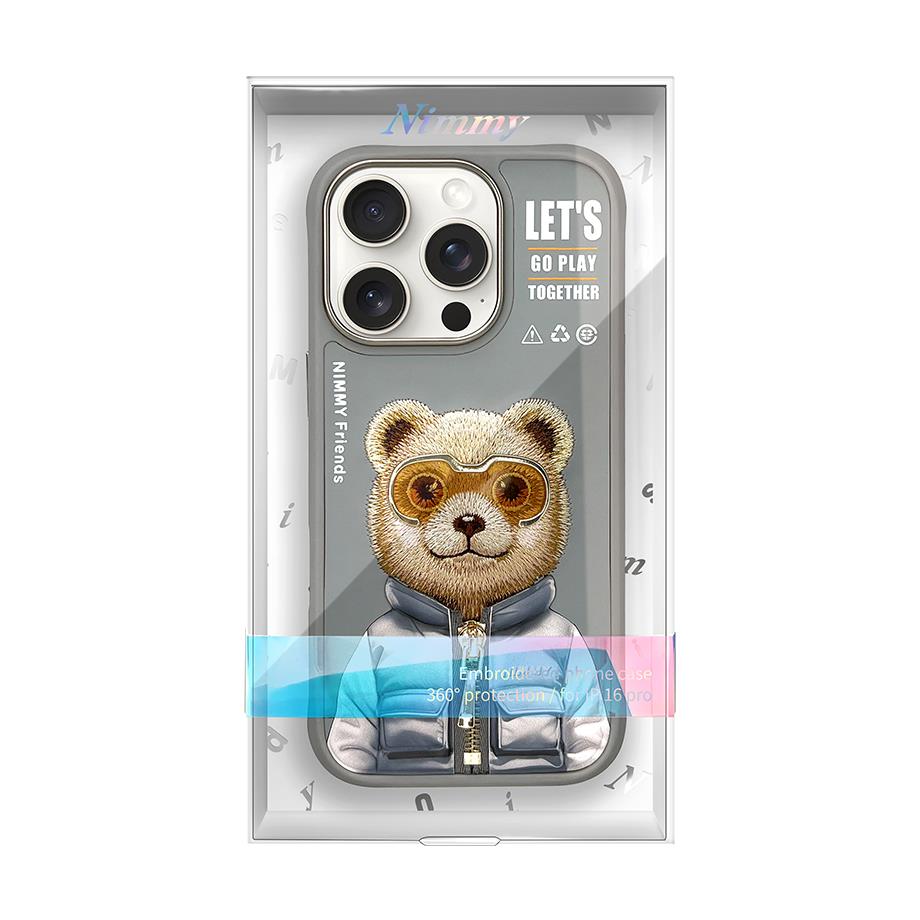 NIMMY iPhone 16 Pro 3D Gerçek Nakış İşlemeli Kabartmalı Gözlük Fermuar Mont Ayıcık Detaylı Cool Cute 2.0 Silikon Kılıf