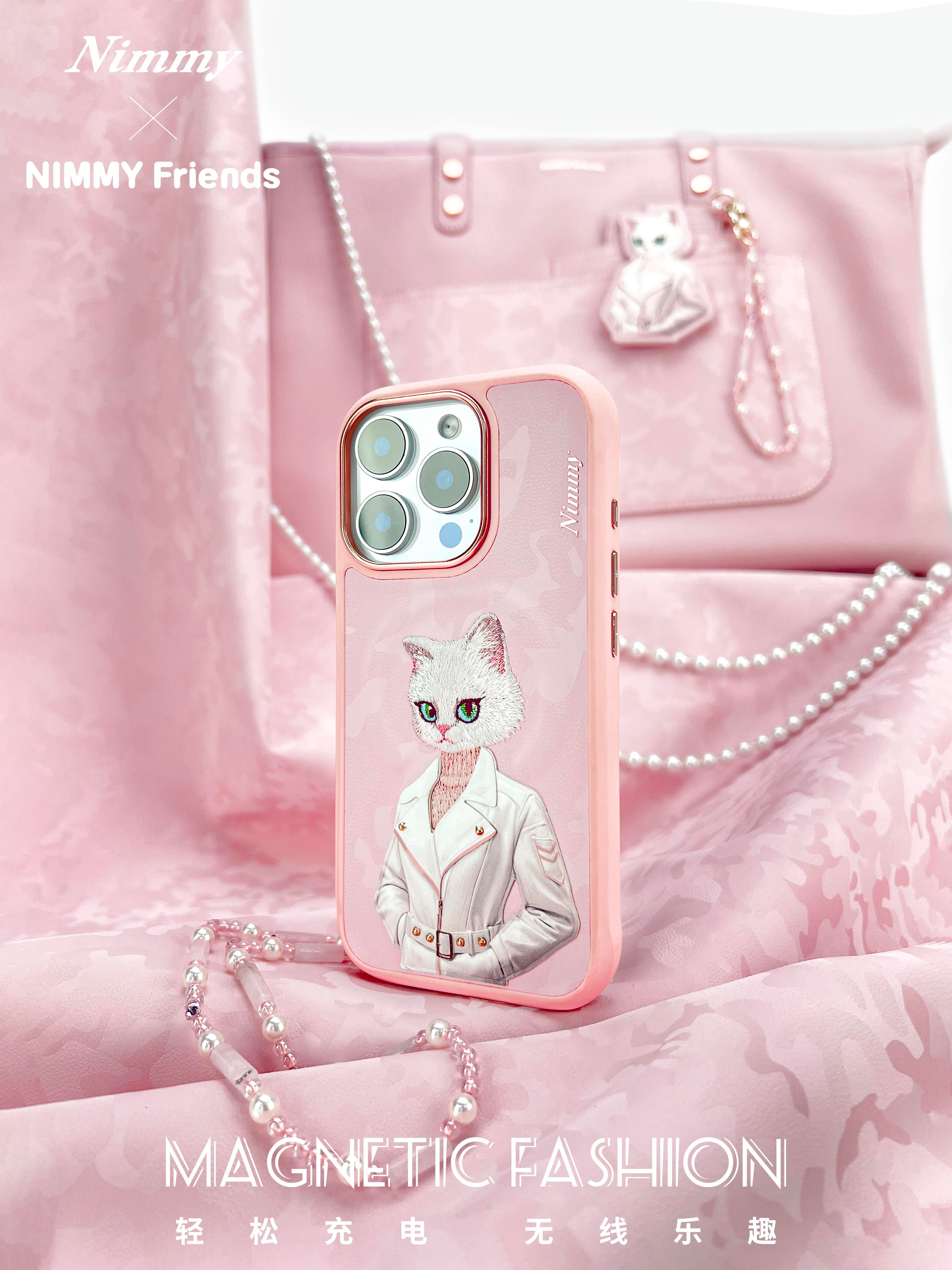NIMMY iPhone 16 Pro 3D Gerçek Nakış işlemeli MagSafe Özellikli Magnetic Fashion Pet Beyaz Kedili Silikon Kılıf