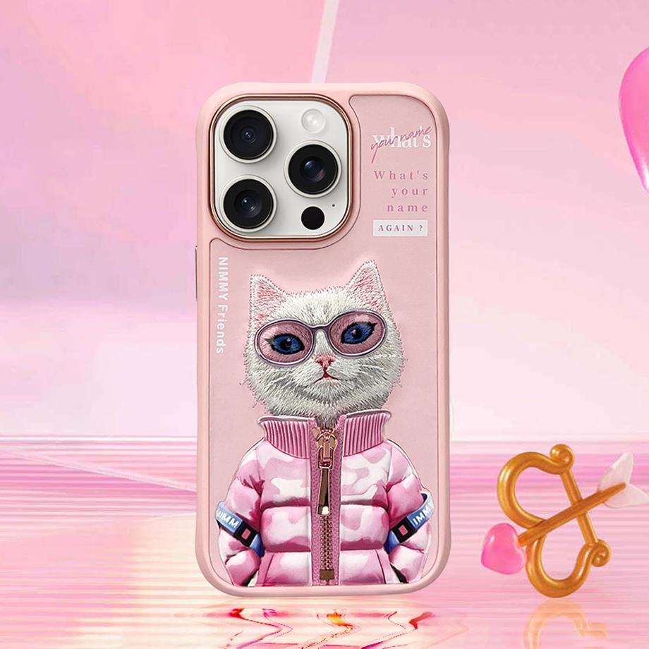 NIMMY iPhone 16 Pro 3D Gerçek Nakış İşlemeli Kabartmalı Gözlük Fermuar Mont Kedicik Detaylı Cool Cute 2.0 Silikon Kılıf
