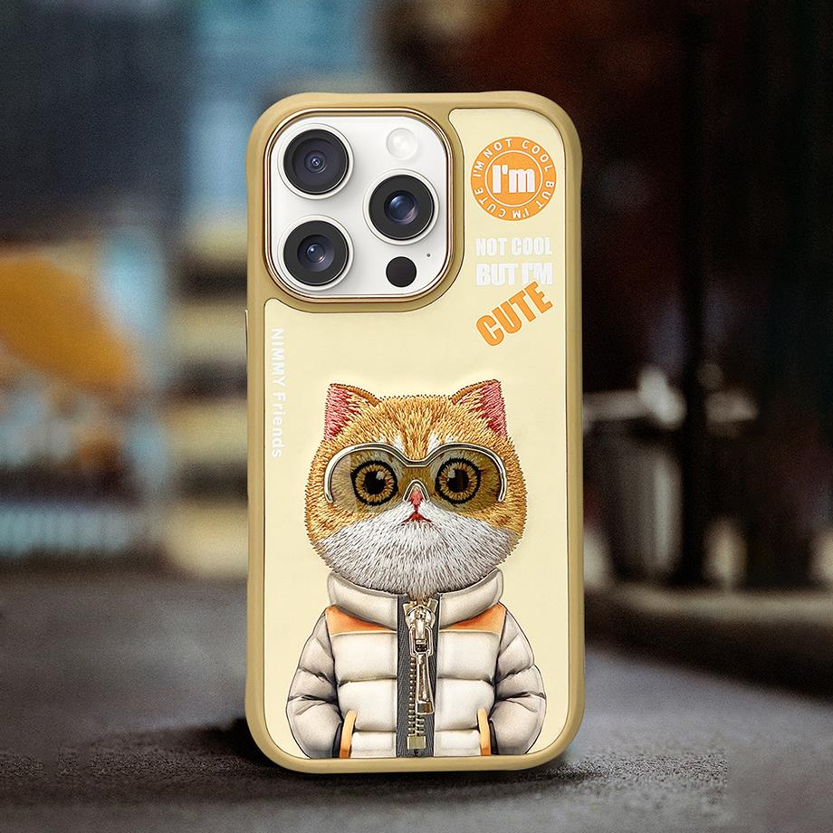 NIMMY iPhone 16 Pro 3D Gerçek Nakış İşlemeli Kabartmalı Gözlük Fermuar Mont Kedicik Detaylı Cool Cute 2.0 Silikon Kılıf